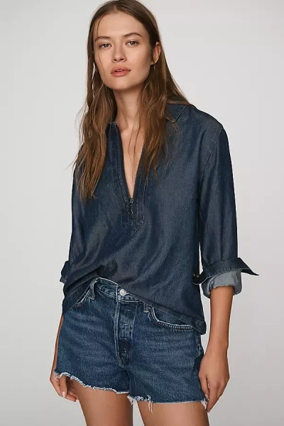 Cloth & Stone Zip-front Denim Shirt Top In Blue
