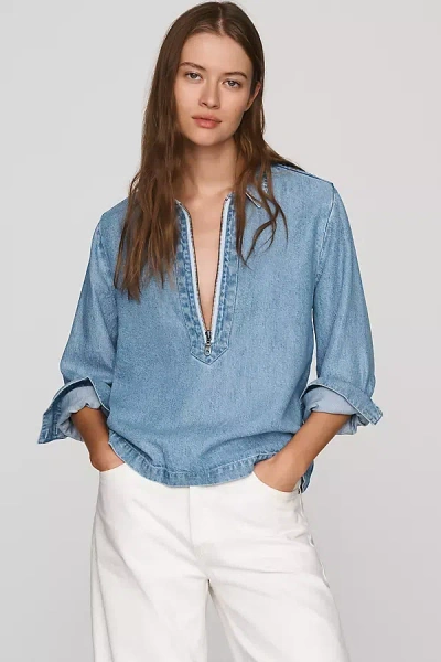 Cloth & Stone Zip-front Denim Shirt Top In Blue