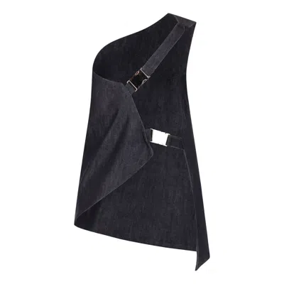 Clothes By Locker Room Women's Blue Techwear Inspired Open-back Denim Top With Buckle Details
