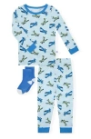 Cloud Nine Kids' Airplane Two-piece Pajamas & Socks Set In Blue