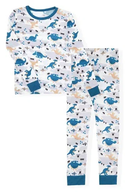 Cloud Nine Kids' Dinosaur Print Fitted Two-piece Pajama Set In Blue Multi