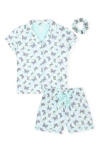 Cloud Nine Two-piece Short Pajamas & Scrunchie Set In Turquoise