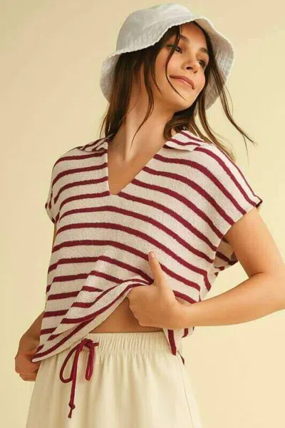 Cloud Ten Christy Stripe Collared Top In Ivory / Burgundy In Multi