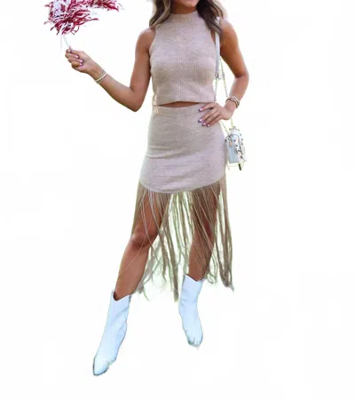 Cloud Ten Fringe Knit Sweater Skirt Set In Tan In Beige