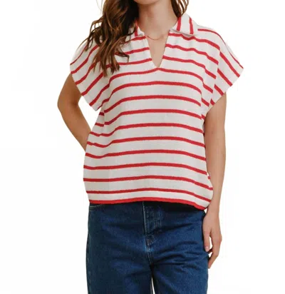 Cloud Ten Striped Collared V Neck Top In Burgundy In Red