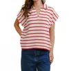 Cloud Ten Striped Collared V Neck Top In Burgundy In White