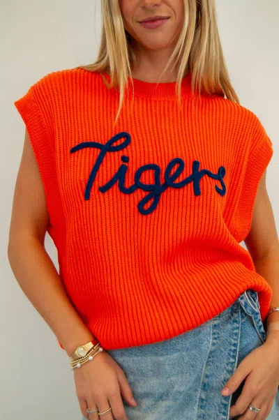 Cloud Ten Tigers Embroidered Game Day Sweater In Red Orange