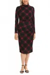 Clover And Sloane Plaid Ruched Mock Neck Midi Dress In Black Red