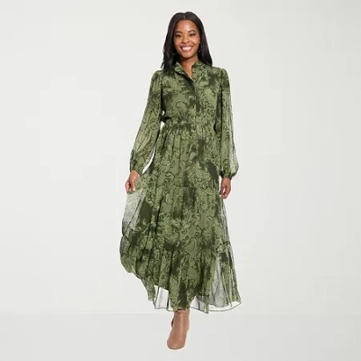 Clover And Sloane Womens Long Sleeve Leaf Maxi Dress In Green