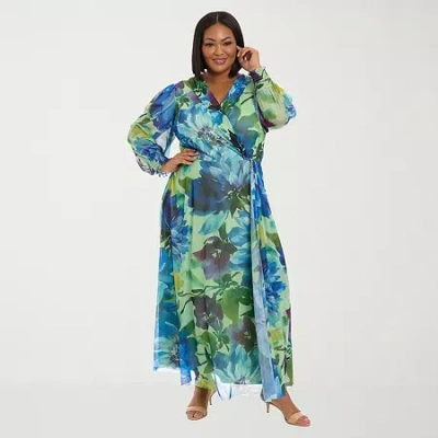 Clover And Sloane Womens Plus Long Sleeve Floral Maxi Dress In Green