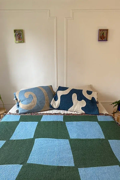 Clr Shop Check Yourself Woven Throw Blanket In Sky Blue/forest Green At Urban Outfitters