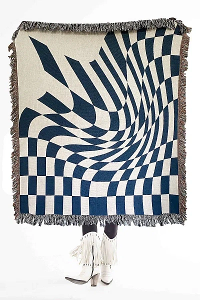 Clr Shop Groovy Grid Woven Throw Blanket In Denim/oat At Urban Outfitters