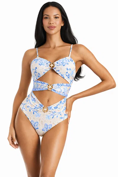 Club Moda Blue Floral Cut-out One Piece Swimsuit - Elegant Resort Swimwear In Green