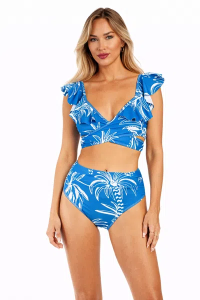 Club Moda Women's Blue Tropical Ruffle Bikini Set - V-neck Wrap Top & High-waisted Bottom Luxury Resort Swimwe In Pink