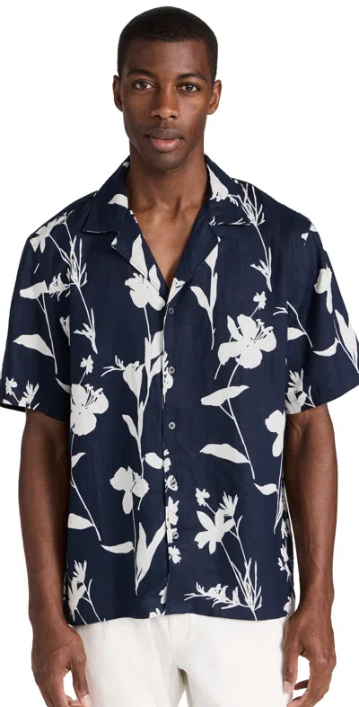 Club Monaco Camp Collar Linen Floral Shirt Navy