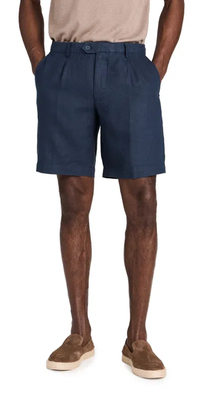 Club Monaco Pleated Linen Shorts Navy Base/bleu Marine In Blue