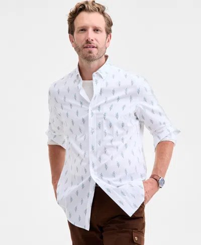 Club Room Long Sleeve Leaf Print Button-down Shirt, Macy's Exclusive In White