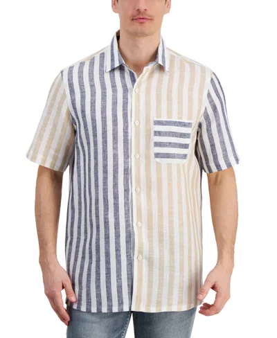 Club Room Men's Alba Block Cabana Stripe Linen Shirt, Created For Macy's In Navy Blue