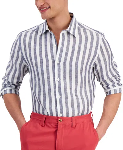 Club Room Men's Alba Stripe Long-sleeve Linen Shirt, Created For Macy's In Navy Blue