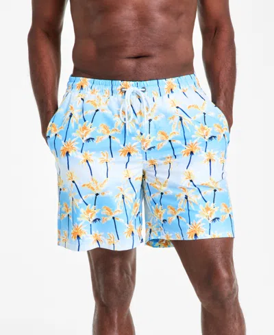 Club Room Men's Aqua Palm Tree Drawstring 7" Swim Trunks, Exclusively At Macy's In True Light Blue