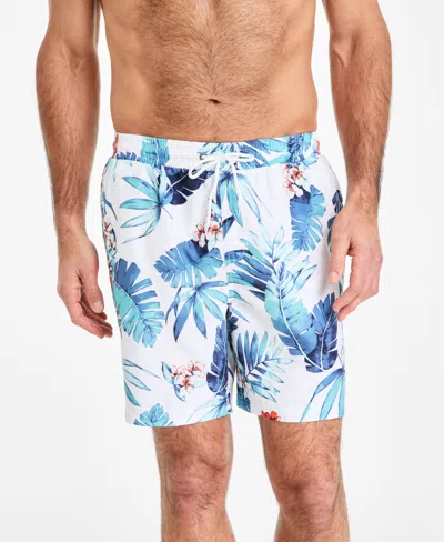 Club Room Men's Billie Tropical Print Drawstring 7" Swim Trunks, Exclusively At Macy's In Bright White