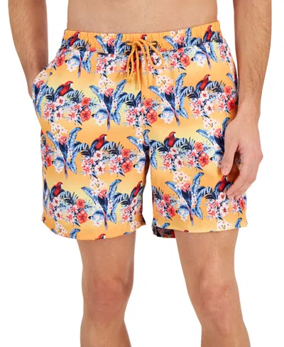 Club Room Men's Bird Tropical Floral-print Quick-dry 7" Swim Trunks, Created For Macy's In Bright Tangelo