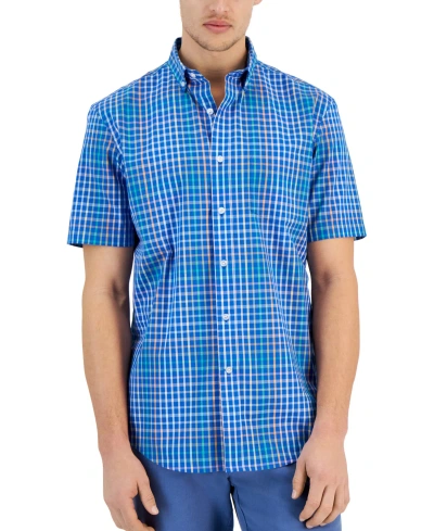 Club Room Men's Bright Plaid Poplin Short Sleeve Button-down Shirt, Created For Macy's In Laser Blue