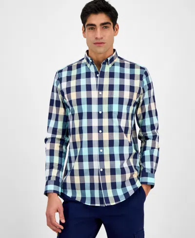 Club Room Men's Brook Regular-fit Stretch Plaid Button-down Poplin Shirt, Exclusively At Macy's In Navy Blue