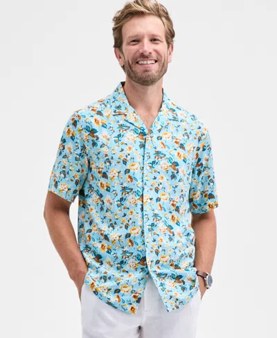 Club Room Men's Burma Short Sleeve Floral Print Button-front Camp Shirt, Macy's Exclusive In Blue