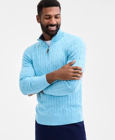 Club Room Men's Cable Knit Quarter-zip Cotton Sweater, Created For Macy's In Blue