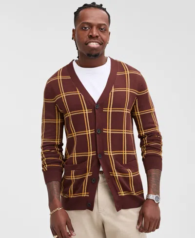 Club Room Men's Cotton Windowpane-plaid Cardigan Sweater, Exclusively At Macy's In Red