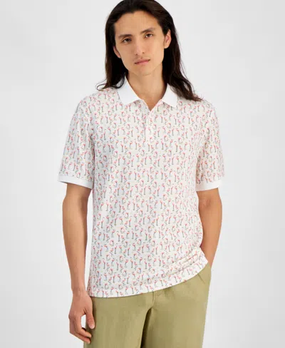 Club Room Men's Flamingo State Regular-fit Printed Performance Pique Polo Shirt, Created For Macy's In Bright White