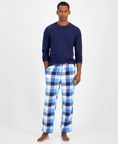 Club Room Men's Fleece Long-sleeve T-shirt & Plaid Pajama Pant Set, Created For Macy's In Blue