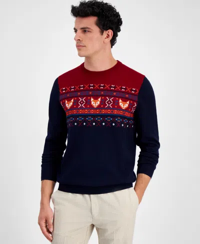 Club Room Men's Fox-pattern Merino Crewneck Sweater, Created For Macy's In Cherry Pie