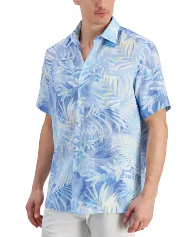Club Room Men's Gado Leaf-print Short-sleeve Linen Shirt, Created For Macy's In Pale Ink Blue