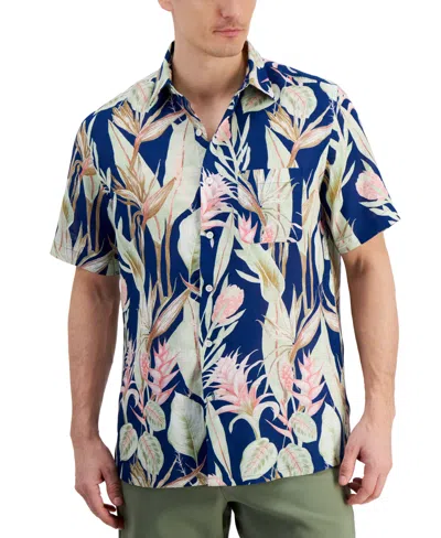 Club Room Men's Hero Short Sleeve Button Front Palm Print Linen Shirt, Created For Macy's In Navy Blue