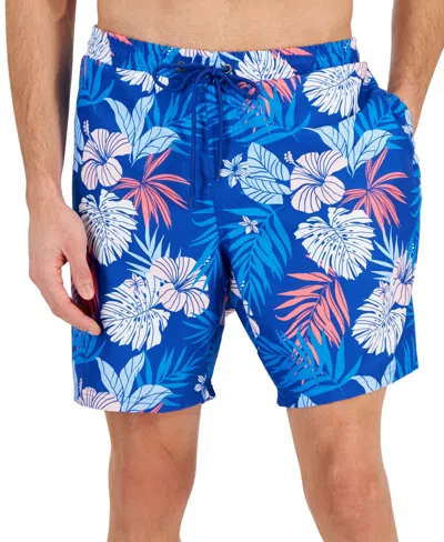 Club Room Men's Hibiscus Floral Print 7" Swim Trunks, Created For Macy's In Laser Blue