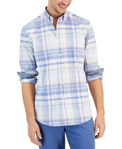 Club Room Men's Lima Plaid Long Sleeve Button-down Oxford Shirt, Created For Macy's In Bright White