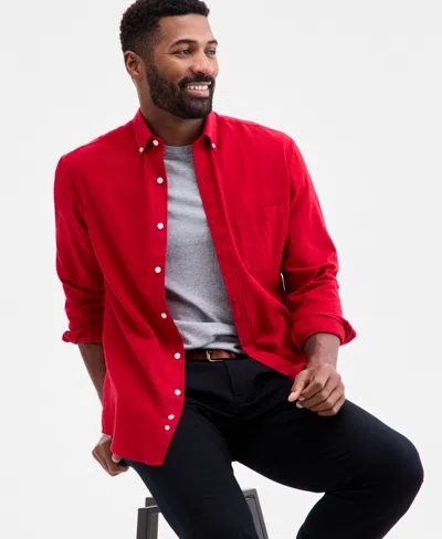 Club Room Men's Long-sleeve Solid Cotton Flannel Shirt, Macy's Exclusive In Red