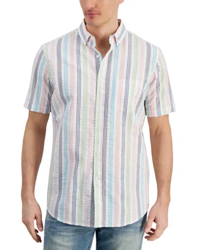 Club Room Men's Lucky Striped Short-sleeve Seersucker Shirt, Created For Macy's In Navy Blue