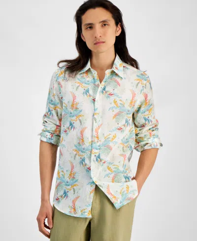 Club Room Men's Lula Regular-fit Leaf-print Button-down Linen Shirt, Created For Macy's In Winter Ivory