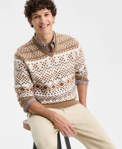 Club Room Men's Northern Geo Fair Isle V-neck Sweater, Macy's Exclusive In Brown