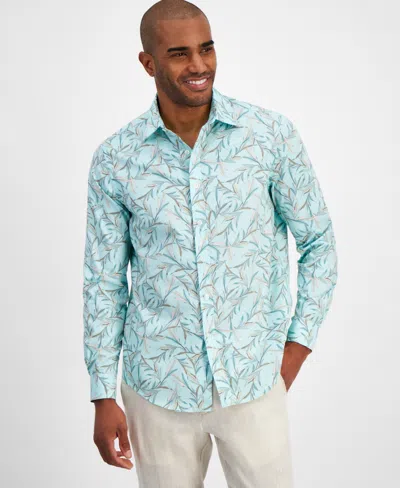 Club Room Men's Novo Regular-fit Stretch Leaf-print Button-down Shirt, Created For Macy's In Gentle Lagoon