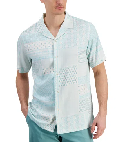 Club Room Men's Patchwork Geo-print Resort Camp Shirt, Created For Macy's In Gentle Lagoon