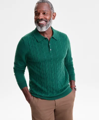 Club Room Men's Regular-fit Cable-knit 100% Cashmere Sweater Polo Shirt, Macy's Exclusive In Green