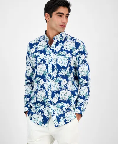 Club Room Men's Regular-fit Stretch Floral Button-down Poplin Shirt, Exclusively At Macy's In Blue