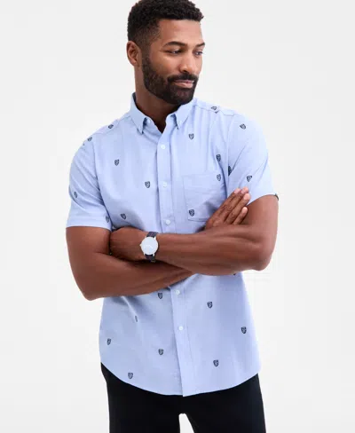Club Room Men's Regular-fit Stretch Heritage Crest-embroidered Button-down Oxford Shirt, Macy's Exclusive In Blue