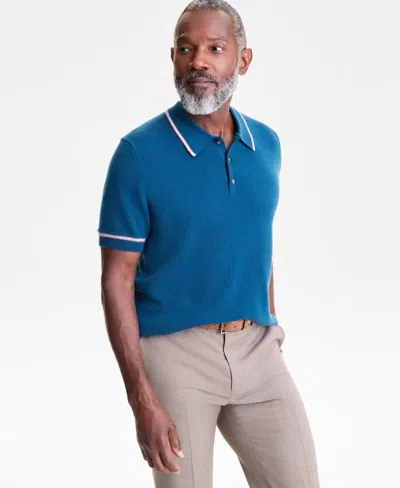 Club Room Men's Regular-fit Tipped 100% Cashmere Sweater Polo Shirt, Macy's Exclusive In Blue