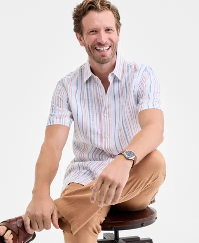 Club Room Men's Short-sleeve Macro Striped Linen Shirt, Macy's Exclusive In Neutral