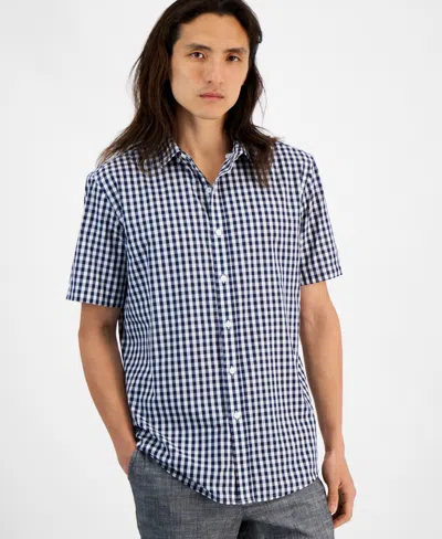 Club Room Men's Short Sleeve Printed Shirt, Created For Macy's In Navy Blue Check